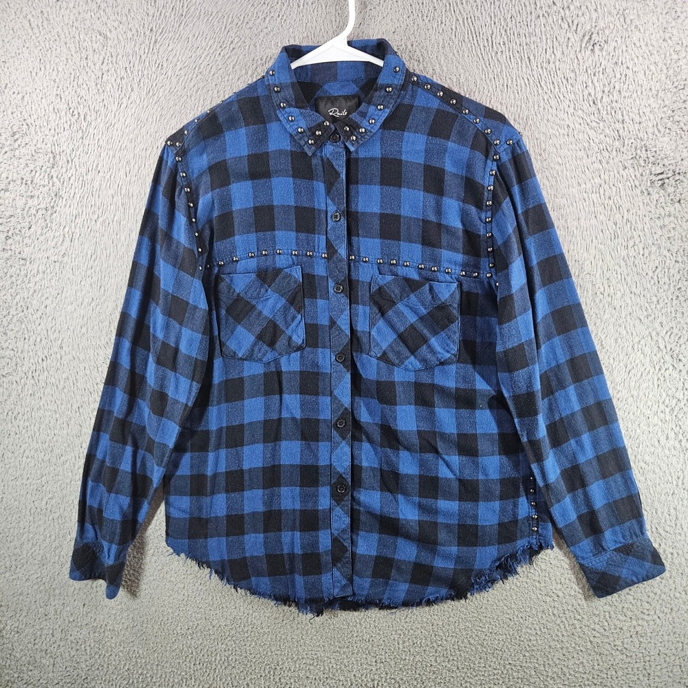 Rails Blue Black Buffalo Plaid Studded‎ Raw Hem Flannel Shirt Small Womens